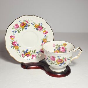 Aynsley Teacup and Saucer Pink Blue Yellow Flowers